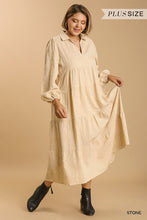 Load image into Gallery viewer, Textured Long Sleeve Collar Split Neck Tiered Maxi Dress
