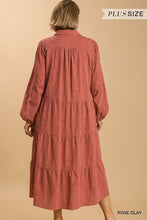 Load image into Gallery viewer, Textured Long Sleeve Collar Split Neck Tiered Maxi Dress
