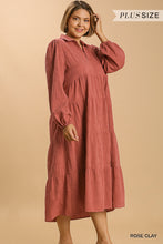 Load image into Gallery viewer, Textured Long Sleeve Collar Split Neck Tiered Maxi Dress
