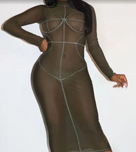 Load image into Gallery viewer, Long Sleeve Power Mesh Mock Neck Bodycon Dress With Contrast Stitching

