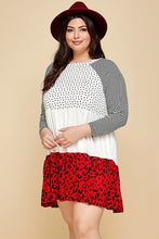 Load image into Gallery viewer, Plus Size Cute Polka Dot And Animal Print Contrast Swing Tiered Dress
