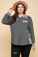Load image into Gallery viewer, Plus Size Printed Patchwork Contrast Button Up Shirt
