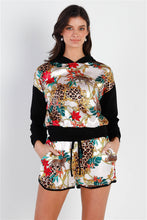Load image into Gallery viewer, Black &amp; Ivory Satin Effect Animal Print Hooded Top &amp; Short Set
