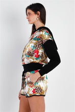 Load image into Gallery viewer, Black &amp; Ivory Satin Effect Animal Print Hooded Top &amp; Short Set
