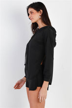 Load image into Gallery viewer, Black Racer Back Detail Long Sleeve Hooded Top &amp; Short Set
