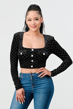 Load image into Gallery viewer, Lux Diamon Velvet Buttons Open Back Square Neck Long Sleeves Cropped Top
