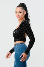 Load image into Gallery viewer, Lux Diamon Velvet Buttons Open Back Square Neck Long Sleeves Cropped Top
