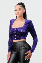 Load image into Gallery viewer, Lux Diamon Velvet Buttons Open Back Square Neck Long Sleeves Cropped Top
