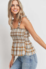 Load image into Gallery viewer, Ruffle Strap Smocked Peplum Plaid
