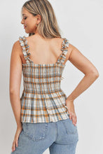 Load image into Gallery viewer, Ruffle Strap Smocked Peplum Plaid
