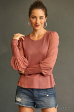 Load image into Gallery viewer, Solid Knit And Chiffon Mixed Top With Puff Long Sleeve
