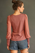 Load image into Gallery viewer, Solid Knit And Chiffon Mixed Top With Puff Long Sleeve
