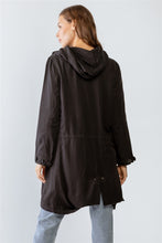Load image into Gallery viewer, Black Asymmetrical Draped Zip Up Wide Lapel Collar Hooded Jacket
