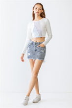 Load image into Gallery viewer, Ivory Light Blue Lavender Ribbed Stitch Detail Crew Neck Crop Top
