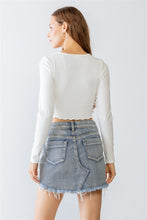 Load image into Gallery viewer, Ivory Light Blue Lavender Ribbed Stitch Detail Crew Neck Crop Top
