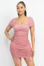 Load image into Gallery viewer, Ruched Square Neck Mesh Sleeve Dress
