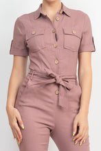 Load image into Gallery viewer, Collared Waist-tie Buttoned Jumpsuit

