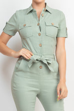 Load image into Gallery viewer, Collared Waist-tie Buttoned Jumpsuit

