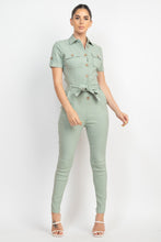 Load image into Gallery viewer, Collared Waist-tie Buttoned Jumpsuit
