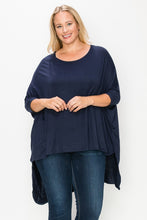 Load image into Gallery viewer, Solid top featuring a round neck, three quarter sleeves, and a high-low hem
