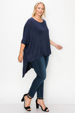 Load image into Gallery viewer, Solid top featuring a round neck, three quarter sleeves, and a high-low hem
