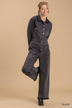 Load image into Gallery viewer, Mid button down stone wash wide leg distressed jumpsuit &amp; side pockets with no lining
