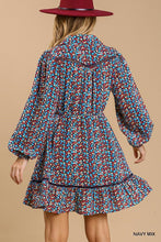 Load image into Gallery viewer, Collared neckline button down floral print dress with crochet trimmed details
