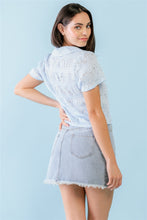 Load image into Gallery viewer, Light Blue Floral Embroidered Button-up Collared Neck Short Sleeve Top
