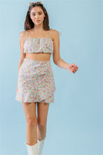 Load image into Gallery viewer, Mint Fuchsia Print Cotton Sleeveless Strappy Crop Top &amp; High Waist Wrap Hem Mini Skirt Set
