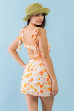 Load image into Gallery viewer, Ivory &amp; Orange Floral Print Textured Square Neck Strappy Open Back Crop Top &amp; High Waist Mini Skirt Set
