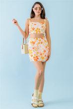 Load image into Gallery viewer, Ivory &amp; Orange Floral Print Textured Square Neck Strappy Open Back Crop Top &amp; High Waist Mini Skirt Set
