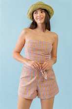 Load image into Gallery viewer, Orange &amp; Aqua Plaid Print Cotton Strapless Crop Top &amp; High Waist Two Pocket Shorts Set
