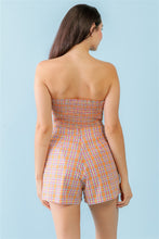 Load image into Gallery viewer, Orange &amp; Aqua Plaid Print Cotton Strapless Crop Top &amp; High Waist Two Pocket Shorts Set
