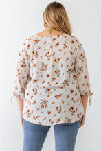 Load image into Gallery viewer, Plus White Floral Tie Midi Sleeve Back Zipper Relax Top
