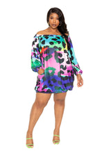 Load image into Gallery viewer, Electric leopard off shoulder bubble mini dress

