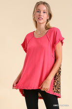 Load image into Gallery viewer, Linen Blend Short Ruffle Sleeve Round Neck Top With Animal Print Scoop Back
