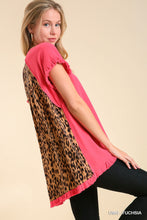 Load image into Gallery viewer, Linen Blend Short Ruffle Sleeve Round Neck Top With Animal Print Scoop Back
