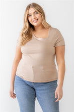 Load image into Gallery viewer, Plus Taupe Waffle Knit Angled Neck Short Sleeve Top
