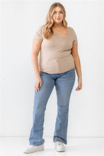 Load image into Gallery viewer, Plus Taupe Waffle Knit Angled Neck Short Sleeve Top
