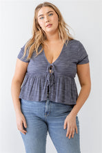 Load image into Gallery viewer, Plus Denim Blue Ribbed U-shape Neck Flare Hem Tie Top
