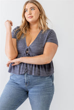 Load image into Gallery viewer, Plus Denim Blue Ribbed U-shape Neck Flare Hem Tie Top
