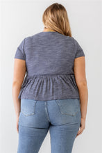 Load image into Gallery viewer, Plus Denim Blue Ribbed U-shape Neck Flare Hem Tie Top
