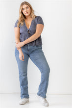 Load image into Gallery viewer, Plus Denim Blue Ribbed U-shape Neck Flare Hem Tie Top
