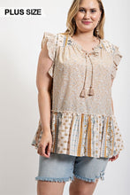 Load image into Gallery viewer, Woven Prints Mixed And Sleeveless Flutter Top With Tassel Tie
