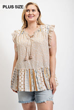 Load image into Gallery viewer, Woven Prints Mixed And Sleeveless Flutter Top With Tassel Tie

