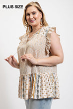 Load image into Gallery viewer, Woven Prints Mixed And Sleeveless Flutter Top With Tassel Tie
