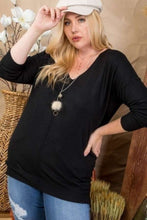 Load image into Gallery viewer, Plus Size V Neck 3/4 Sleeve Side Slit Hi-lo Sweater
