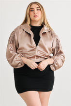 Load image into Gallery viewer, Plus Satin Zip-up Ruched Long Sleeve Cropped Bomber Jacket

