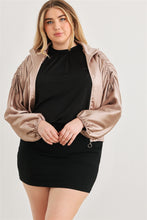 Load image into Gallery viewer, Plus Satin Zip-up Ruched Long Sleeve Cropped Bomber Jacket
