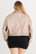Load image into Gallery viewer, Plus Satin Zip-up Ruched Long Sleeve Cropped Bomber Jacket
